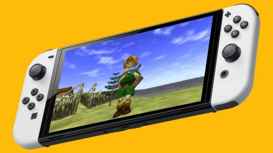 Ocarina of Time Switch: The Legend of Zelda Ocarina of Time is visible on a Nintendo Switch OLED model