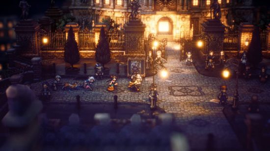 Octopath Traveler II review: a pixelated scene shows a party running through a busy town
