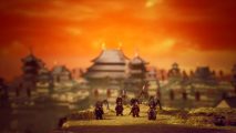 Octopath Traveler II review: a pixelated scene shows four warriors stood on a hilltop overlooking an asian-inspired town with pagodas