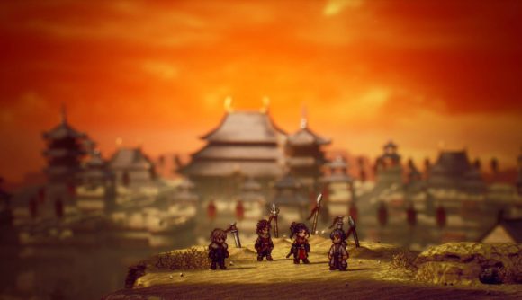 Octopath Traveler II review: a pixelated scene shows four warriors stood on a hilltop overlooking an asian-inspired town with pagodas