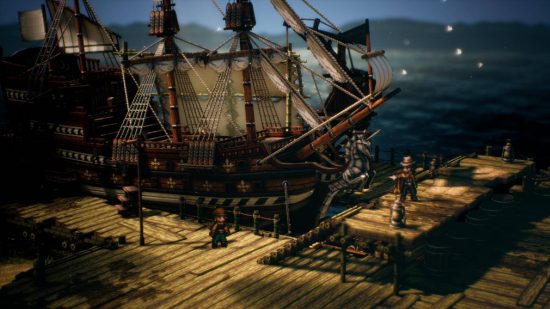 Octopath Traveler II review: a pixelated scene shows characters stood around a pirate ship