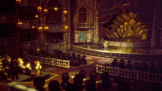 Octopath Traveler II review: a pixelated scene shows a large auditorium with a woman singing, and crowds of people sat in the seats watching