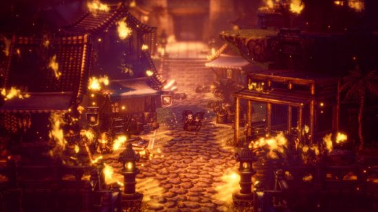 Octopath Traveler II review: a pixelated scene shows a male warrior holding a woman in his arms, and buildings around them burn