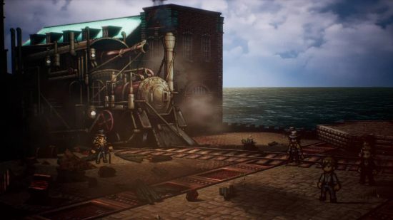 Octopath Traveler II review: a pixelated scene shows a large locomotive, with a man dressed like a cowboy stood next to it