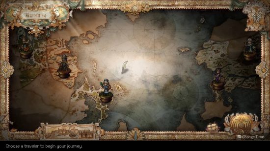 Octopath Traveler II review: a pixelated scene shows a menu, with several different characters ready to be chosen, starting the players adventure