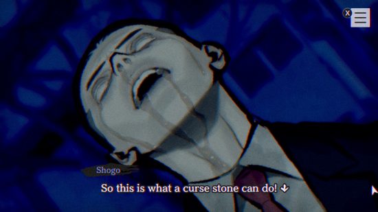 Paranormasight review - a dead guy with Shogo talking about the power of the curse stone