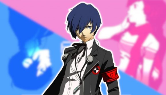 Persona 3 protagonist: Makoto Yuki, the male P3 protagonist, outlined in white and pasted on a blurred half pink half blue P3P background featuring both protagonists.