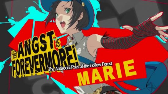 Persona 4 Marie: Marie's reveal graphic from Persona 4 Arena.