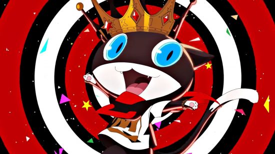 Persona 5 Morgana: Morgana in his dance outfit wearing a gold crown and smiling. He is on an optical illusion background of red, white, and black rings, and there is confetti falling from the top.
