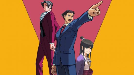 Phoenix Wright Ace Attorney history -- Phoenix Wright pointing in a blue suit with a stern face, Miles Edgeworth in a fancier red suit looking behind his shoulder as he walks away, and a girl in a purple dress with black hair looking smirkingly shy.