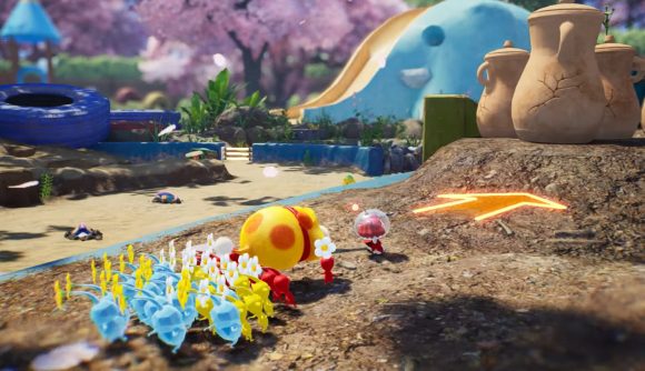 Pikmin 4 release date - loads of Pikmin and a dog attempt to smash through a pot
