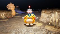 Pikmin 4 release date - Olimar and a group of Pikmin riding on the back of a fat yellow dog through a dark cave