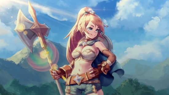 Pixel Fantasia Idle RPG codes - an anime girl holding a spear and looking off into the distance with a hand on her hip