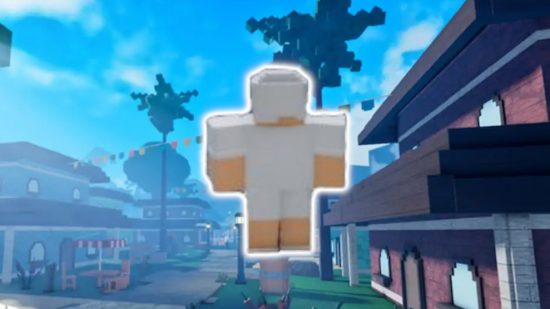 Pixel Piece Update One release date: A screenshot of Pixel Piece's landscape with a Roblox character wearing all white and outlined in white pasted on top.