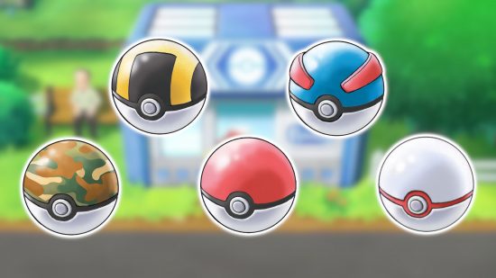Pokeball types: A blurred background of a PokeMart with images of a Poke Ball, Great Ball, Ultra Ball, Premier Ball, and Safari Ball pasted onto it.