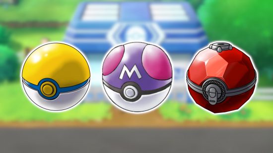 Pokeball types: A blurred background of a PokeMart with images of a Park Ball, Master Ball, and Origin Ball pasted onto it.