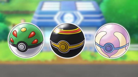 Pokeball types: A blurred background of a PokeMart with images of a Friend Ball, Luxury Ball, and Heal Ball pasted onto it.