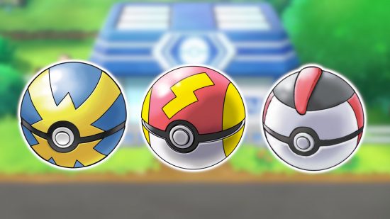 Pokeball types: A blurred background of a PokeMart with images of a Quick Ball, Fast Ball, and Timer Ball pasted onto it.