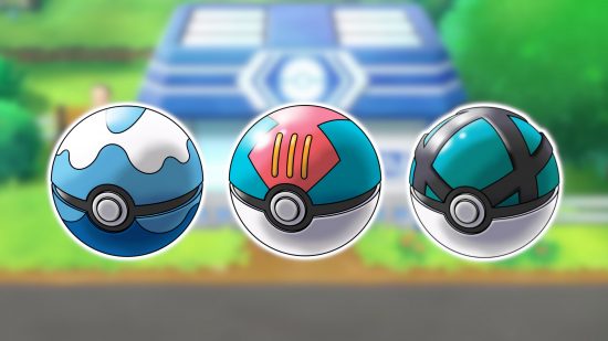 Pokeball types: A blurred background of a PokeMart with images of a Dive Ball, Lure Ball, and Net Ball pasted onto it.