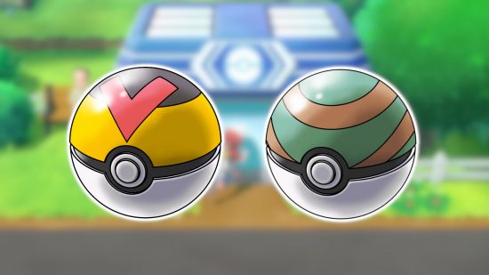 Pokeball types: A blurred background of a PokeMart with images of a Level Ball and a Nest Ball pasted onto it.