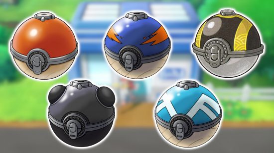 Pokeball types: A blurred background of a PokeMart with images of an Hisuian Poke Ball, Hisuian Great Ball, Hisuian Ultra Ball, Hisuian Heavy Ball, and an Hisuian Feather Ball pasted onto it.