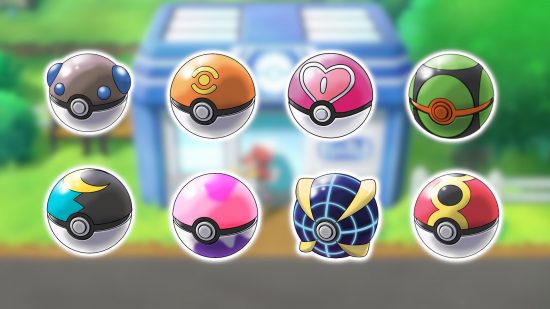 Pokeball types: A blurred background of a PokeMart with images of a Heavy Ball, Sport Ball, Love Ball, Dusk Ball, Moon Ball, Dream Ball, Beast Ball, and Repeat Ball pasted onto it.