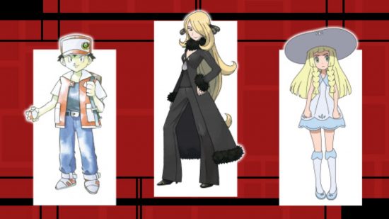 Pokemon figures header - three characters from Pokemon in white boxes on a red background. In the middle a woman in black with long blonde hair. On the right is a woman in a white dress with wide brimmed hat and long blonde hair. On the left is a boy in jacket and jeans with a red hat.