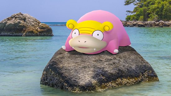 Pokémon Go community day - A Galarian Slowpoke sat on a rock in the ocean