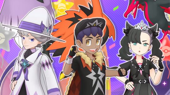 Pokemon Masters EX 3.5 year celebration: Bede, Hop, and Marnie in their neo champion outfits standing in front of their Galarian birds.