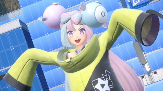 Pokemon Scarlet and Violet 1.2 patch notes: Iono, the electric gym leader, posing with her arms up and smiling at the camera.