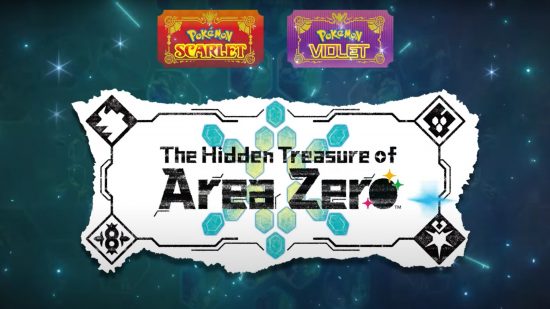 Pokemon Scarlet and Violet DLC: The Hidden Treasure of Area Zero logo with the Pokemon Scarlet and Violet logos above it.