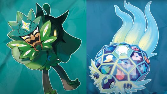 Pokemon Scarlet and Violet DLC: New Pokemon Ogerpon and Terapagos on teal and blue backgrounds.