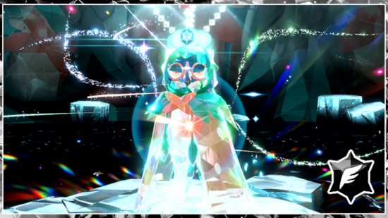Pokemon Scarlet and Violet tera raid battles 2023: A picture of terastalised Decidueye in a crystal cave, with the flying type symbol in the bottom right corner of the image.