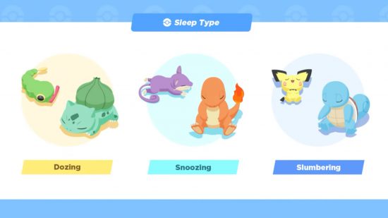 Pokemon Sleep release date: A graphic showing the three sleep styles of dozing, snoozing, and slumbering using Pokemon to illustrate.