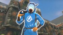 PowerWash Simulator Switch review: The PowerWash man standing in front of the Tomb Raider mansion that is covered in dirt. He is wearing a blue plastic suit and a mask on his face, and hoisting his pressure washer onto his shoulder.