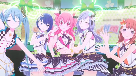 Project Sekai download: Miku and the four members of More More JUmp on stage at their first virtual live show, smiling and posing.