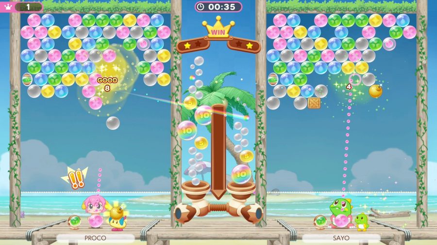 Puzzle Bobble Everybubble: A screenshot of one vs one multiplayer online gameplay of Puzzle Bobble Everybubble.