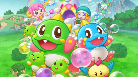 Puzzle Bobble Everybubble release date: A key visual from Puzzle Bobble Everybubble showing two cute dinosaurs, one green and one blue, surrounded by tiny colourful creatures holding bubbles. Behind them are more characters and rolling green frields and a castle against a blue sky.
