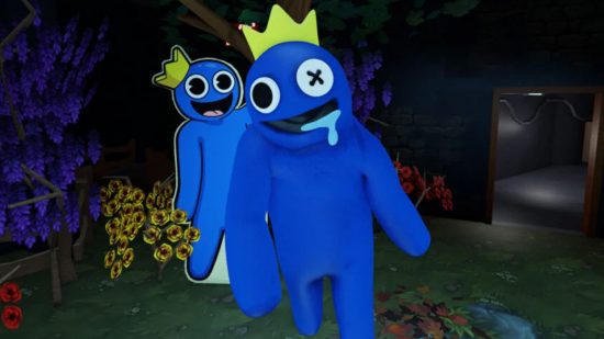 Rainbow Friends Blue standing in front of a cardboard cutout of itself