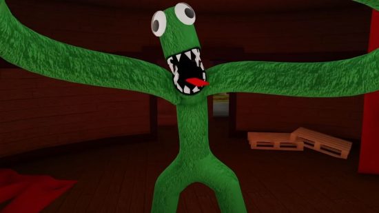 Rainbow Friends green jump scare showing him stretching his arms out and yelling