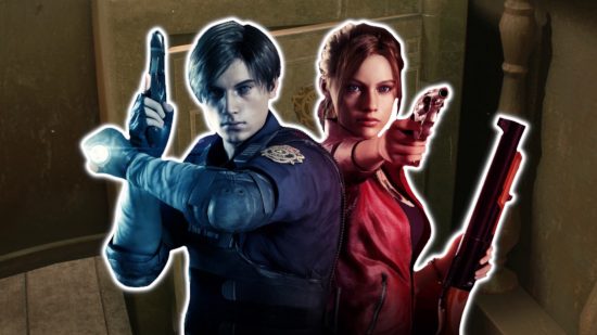 Resident Evil 2 safe codes: Leon Kennedy and Claire Redfield from Resident Evil 2 Remake outlined in white and pasted on a background of a safe from Resident Evil 2 Remake.