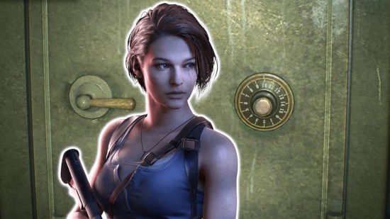 Resident Evil 3 safe codes: Jill Valentine outlined in white and pasted on a background of one of the combination safes from Resident Evil 3.