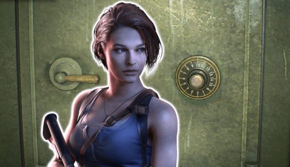 Resident Evil 3 safe codes: Jill Valentine outlined in white and pasted on a background of one of the combination safes from Resident Evil 3.