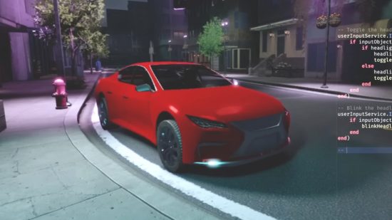 Roblox AI creation tools in action showing a red car on a street next to tall buildings with lines of faint code superimposed on the right hand side.