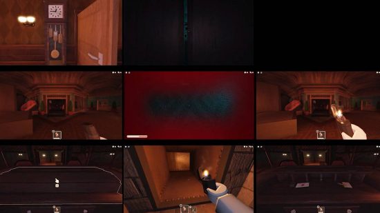Roblox Doors song: nine screenshots from Roblox Doors are stitched together in a grid, showcasing a creepy hotel and enemies in each shot