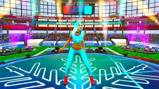 Roblox Super Bowl Concert: A screenshot of Saweetie performing on the Intuit stage in Roblox.