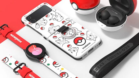 Samsung Pokémon accessories for the flip phone, watch, and earbuds