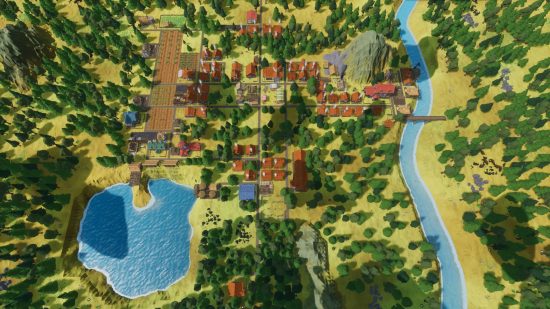 Settlement Survival release date: a top down view shows a city builder simulator with many different buildings