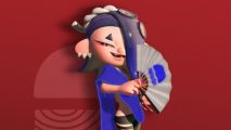 Splatoon 3 Deep Cut - Shiver from Splatoon 3, a woman with a fan in their right hand, squiddy fringe over their left eye, and wavy blue outfit.