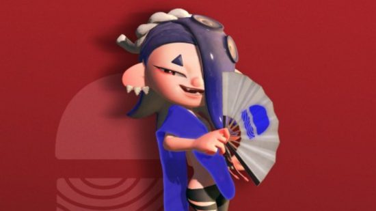 Splatoon 3 Deep Cut - Shiver from Splatoon 3, a woman with a fan in their right hand, squiddy fringe over their left eye, and wavy blue outfit.